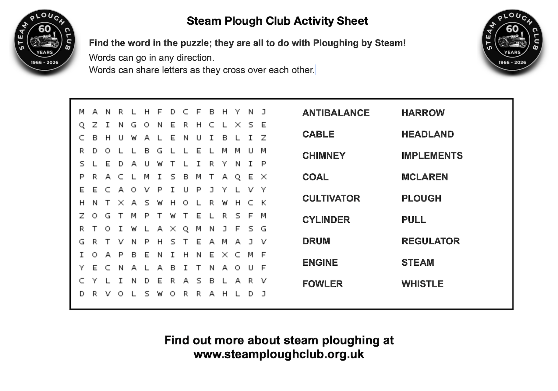 Steam Plough Club Activity Sheet Word puzzle